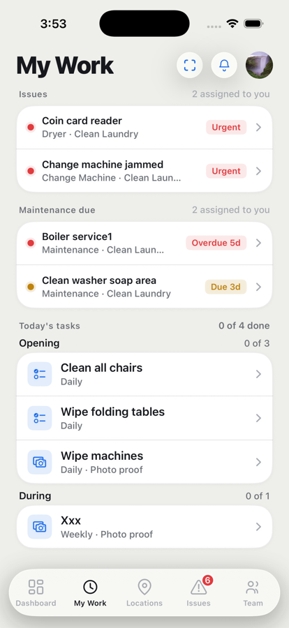 LaundroDesk My Work screen with assigned issues, maintenance, and daily tasks