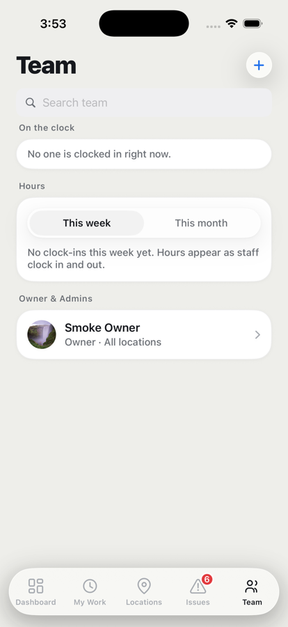 LaundroDesk Team screen showing who is on the clock and team roles